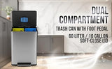 16 Gallon (60L) Step Trash Can – Dual Compartment Kitchen Garbage Can – Waste & Recycling Bins