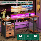 Furologee 61" Computer Desk with Power Outlet & LED Lights, Reversible Gaming Desk with File Cabinet, Rustic Brown