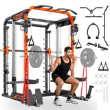 Smith Machine with Independent Dual-Pulley System, 1700LBS Adjustable Cable Crossover Squat Rack, Multi-Functional Power Cage for Home Gym