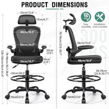 Drafting Chair, Tall Office Chair with 3D Lumbar & Head Support, Ergonomic Mesh Standing Desk Chair with Footring, Comfy Extended High Desk Chair with Flip-Up Arms & Hanger,Black