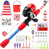 WIDDEN Kids Fishing Pole - Portable Telescopic Fishing Rod Set with Spincast Reel, Net, Bucket and Tackle Box - Patriotic American Flag Fishing Gear for Boys Girls Youth - 4th of July Gift