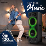 Dolphin High-Power Big Party Speaker – X-BASS, Strobe & LED Infinity Lights, Bluetooth, Wood Cabinet MDF, 2 UHF Wireless Mics, 120W, Long-Lasting Battery for DJ & Karaoke
