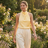 Maohao Women's Silk Satin Tank Tops Halter Draped Front Sexy Backless Womens Summer Tops Elegant Camisole Tops (Yellow,M)