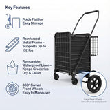 Folding Shopping Cart with Waterproof Liner & 360° Swivel Wheels | Collapsible Grocery Cart for Easy Transport