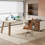 78.7-Inch Executive Desk, L-Shaped Desk with 55-Inch Cabinet, Large Office Desk with Storage Shelves, White & Walnut