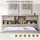 Queen Size Bed Frame 2 Drawer & 4 Storage Rack Headboard Charging Station | Farmhouse 54"Tall Storage Headboard