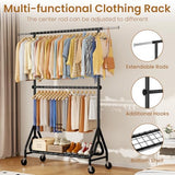 JIEJIERUI Heavy Duty Clothes Rack for Hanging Clothes, Double Rods Clothing Rack with Lockable Wheels, Rolling Garment Racks, Black