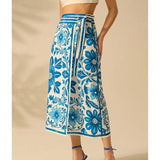 Talakeno Womens Floral Wrap Midi Skirt Summer Adjustable Tie Side Casual High Waist A Line Beach Boho Long Flared Skirts(Blue,L)