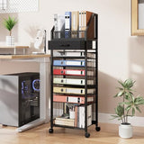 9-Tier Rolling File Cart - Paper Organizer with Drawer and Trays, Wood Desk Office Organizer
