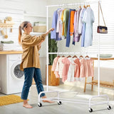 SLEEPING LAMB Double Rod Heavy Duty Clothes Racks for Hanging Clothes, Metal Rolling Garment Rack With Wheels Clothes Hanger Rack (White)
