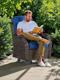 AOGROD Outdoor Wicker Swivel Rocker Chair with 6-Inch Thick Cushions, High Back Patio Glider Chair, 360° Swivel & Rocking Motion for Porch, Deck, Balcony, Poolside, Brown/Blue
