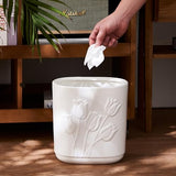 Ramblion White Ceramic Tulips Small Bathroom Trash Can 2.6 Gal (10 Liter) - Heavy & Decorative Garbage Bin for Bathroom, Kitchen, Office, Bedroom & Living Room Corner