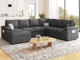 108'' Modular Sectional Sofa with Pull Out Bed, Sleeper Sofa, Dark Gray | U Shaped 7 Seat Sectional Couches for Living Room