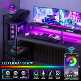51 Inch Gaming Desk with Power Outlet and LED Lights, Computer Desk with 4 Drawers & Storage Shelves, Reversible Home Office Desk