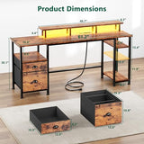 Furologee 61" Computer Desk with Power Outlet & LED Lights, Reversible Gaming Desk with File Cabinet, Rustic Brown