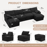 142" Boneless Couch with Storage, 48.6" Extra Deep-High Seat Modular Sectional Sofa with Ottoman
