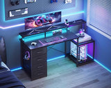 55 Inch Computer Gaming Desk with Power Outlets & 4 Drawers, Home Office Desk with Monitor Stand & Printer Shelves, Black