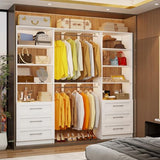 Closet System with 6 Wood Drawers, 6-12FT Closet Organizer System with Cuttable Shelves for Walk in Closet with 6 Expandable Hanging Rods