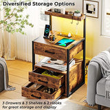 Nightstand with Charging Station and LED Lights, LED Night Stand with 2 USB Ports and 2 AC Outlets, Modern End Table with 3 Drawers, Bedside Table with Open Storage for Bedroom, Rustic Brown