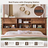 Farmhouse King Size Bed Frame with 54" Tall Headboard, Charging Station | eadboard with 4 Storage Rack, 2 Drawers
