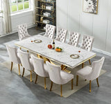94.5" Large Marble Dining Table Set for 10, Luxury White Gold Kitchen Table with 10 Beige Velvet Dining Chairs