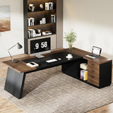78" L-Shaped Executive Desk, Large Modern Office Desk with Drawers and File Cabinet, Business Furniture (Light Walnut + Black)