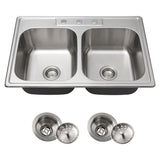 Kitsitchen 33x22 Drop in Kitchen Sink, 33 Inch 304S Stainless Steel Double Bowl Kitchen Sinks with 50/50 Design and Two Strainer, 33" X 22"X 9" Large and Deep Top Mount Kitchen Sinks with 3 holes