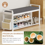 Homaxy 2-Tier Shoe Rack Bench with Side Holder, 39.4 in Bamboo Entryway Bench, Shoe Rack Organizer with Cushion for Front Entrance, Hallway Living Room Bedroom, White and Dark Grey
