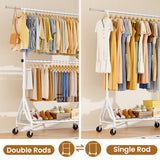 JIEJIERUI Heavy Duty Clothes Rack for Hanging Clothes, Double Rods Clothing Rack with Lockable Wheels, Rolling Garment Racks, White