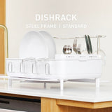 simplehuman Steel Frame Dishrack, Large Capacity Dish Drying Rack, 360º Easy Drain Swivel Spout, Utensil & Wine Glass Holder, Anti-Residue Coating, Moisture Control Surface, White