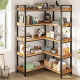 Rolanstar Bookshelf 5 Tier with 4 Hooks, Reversible Corner Bookshelf, 65" Industrial Wooden Bookcase, Rustic Brown