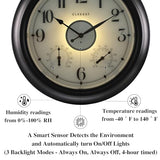 CLXEAST Illuminated Indoor Outdoor Clocks Waterproof 18 inch with Smart Night Light Sensor,Large Wall Clock with Thermometer & Hygrometer,Oil Rubbed Bronze Black,Spring Outdoor Decor