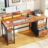 Furologee 61" Computer Desk with Power Outlet & LED Lights, Reversible Gaming Desk with File Cabinet, Rustic Brown