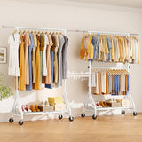 JIEJIERUI Double Rods Clothing Rack, Heavy Duty Clothes Rack for Hanging Clothes Load 560LBS, Metal Rolling Garment Racks with Wheels, White