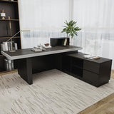 SAINTCY 86" Executive Desk with Drawers - L Shaped Desk with File Cabinet, Black Executive Office Desks with LED Light