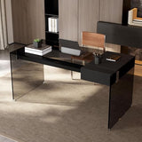 53.14" Modern Tempered Glass Executive Desk with Drawer, Black Wood Finish and Tempered Glass Legs