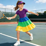 Girls Dresses Rainbow Summer Skater Dress Toddler Kids Color Block Tiered Twirly School Sundress Size 5t Purple 4-5 Years