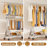 JIEJIERUI Double Rods Clothing Rack, Heavy Duty Clothes Rack for Hanging Clothes Load 560LBS, Metal Rolling Garment Racks with Wheels, Silver