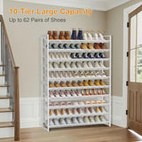 NEYCIL Large Shoe Rack 10 Tier Shoe Organizer, Heavy Duty Metal 5-Tier Stackable Shoe Storage Vertical Shoe Rack for Closet Front Door Entrance, Up to 62 Pairs, 44.8" W x 11.4" D x 71.2" H, White