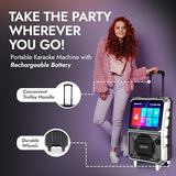 Dolphin KaraokeBox 85R Portable Karaoke Machine | 14" Tablet, Voice Modulation, HDMI, Bluetooth, USB, SD, FM | Rechargeable, 8" 100 Watts, Trolley Handle & Wheels