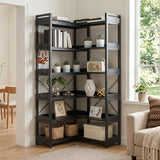 GTPLAYER 6-Tier Corner Bookshelf, L-Shaped Metal Frame Shelf with Tall 14" Shelves, Plant Stand and Storage Rack for Small Spaces, Living Room and Home Office, Black