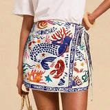 Talakeno Womens Summer Floral Wrap Short Skirt Tie Side High Waist A Line Beach Vacation Boho Mini Skirt(Navy-Blue,M)