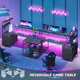 YOMILUVE L Shaped Gaming Desk with Drawers & Storage Shelves, Corner Gaming Desk with Power Outlets & LED Light, Reversible Computer Desk with Monitor Stand & Hooks, Carbon Fiber Black