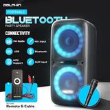 Dolphin Dual 12" Bluetooth Party Speaker - Portable Large Speaker with Wired Microphone, Multicolor LED Lights, USB Playback, Hi-Fi Amplifier, Powerful Bass, 5-Band Equalizer, Long-Lasting Battery