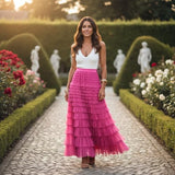 Mincib Womens Long Tulle Skirt A Line Ruffle Tiered Layered Skirts High Waisted Flowy Fairy Maxi Skirts Valentine's Day Gifts Outfit(Hot Pink,M)