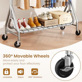 JIEJIERUI Double Rods Clothing Rack, Heavy Duty Clothes Rack for Hanging Clothes Load 560LBS, Metal Rolling Garment Racks with Wheels, Silver