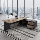 SAINTCY L-Shaped Executive Desk, Industrial Office Desk with Drawer & Cabinet, Large Wood Desktop