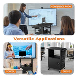 Mobile AV Cart with Push Handles, Heavy Duty Rolling Media Cart with Customized Pegboard & Hooks, 4 Outlets