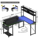 Aheaplus Small L Shaped Gaming Desk with LED Lights & Power Outlets, Reversible L-Shaped Computer Desk with Monitor Stand & Storage Shelf