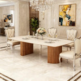 Tribesigns 78.74" Travertine Slab Dining Table for 8-10, Modern Horse Belly Dining Table, Luxury White & Brown Kitchen Table
